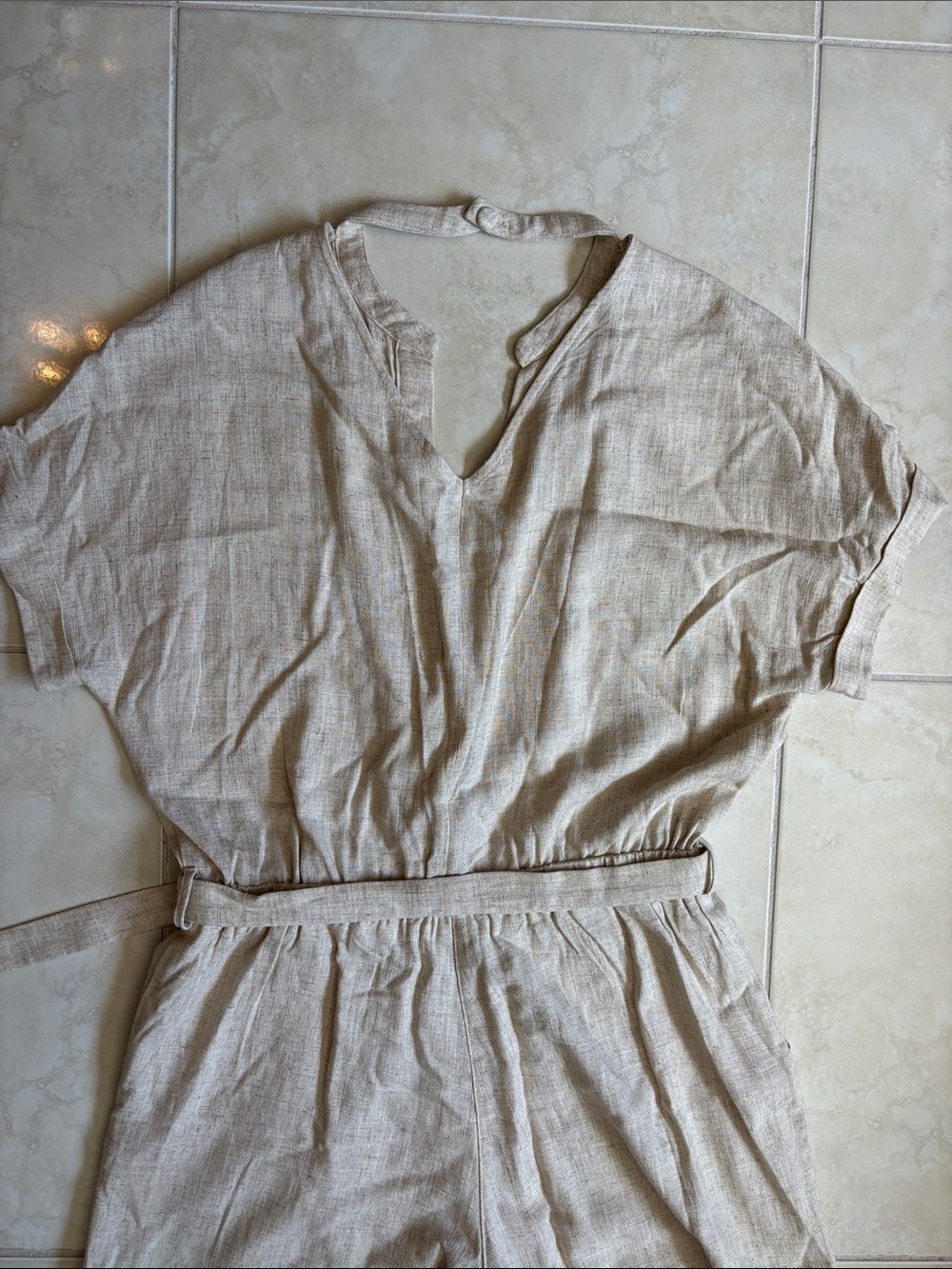Heartloom Natural Beige Linen-Blend Belted Romper Medium - Picture 6 of 8